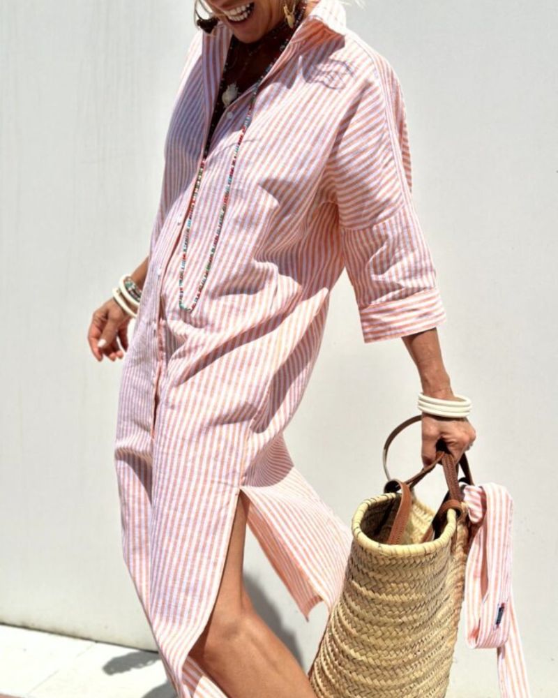 Yesenia - Vestido camisero con cordones a rayas clásicas