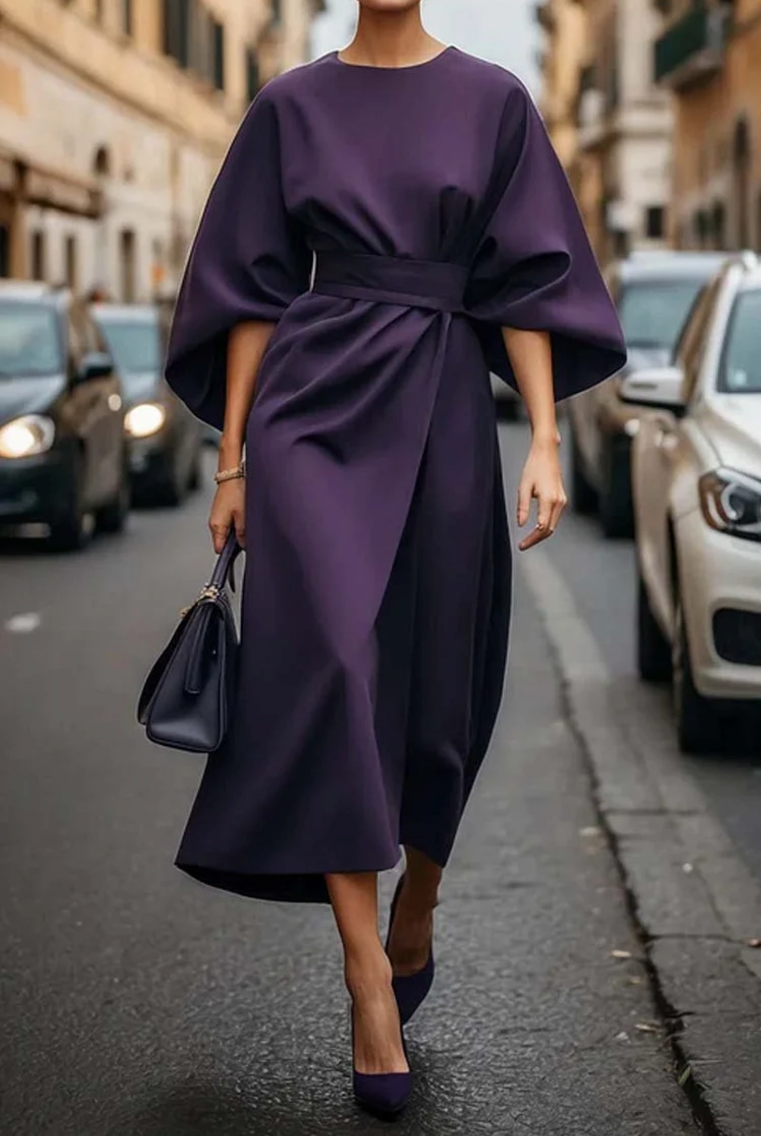 Diega - Vestido elegante con mangas de farol y cinturón