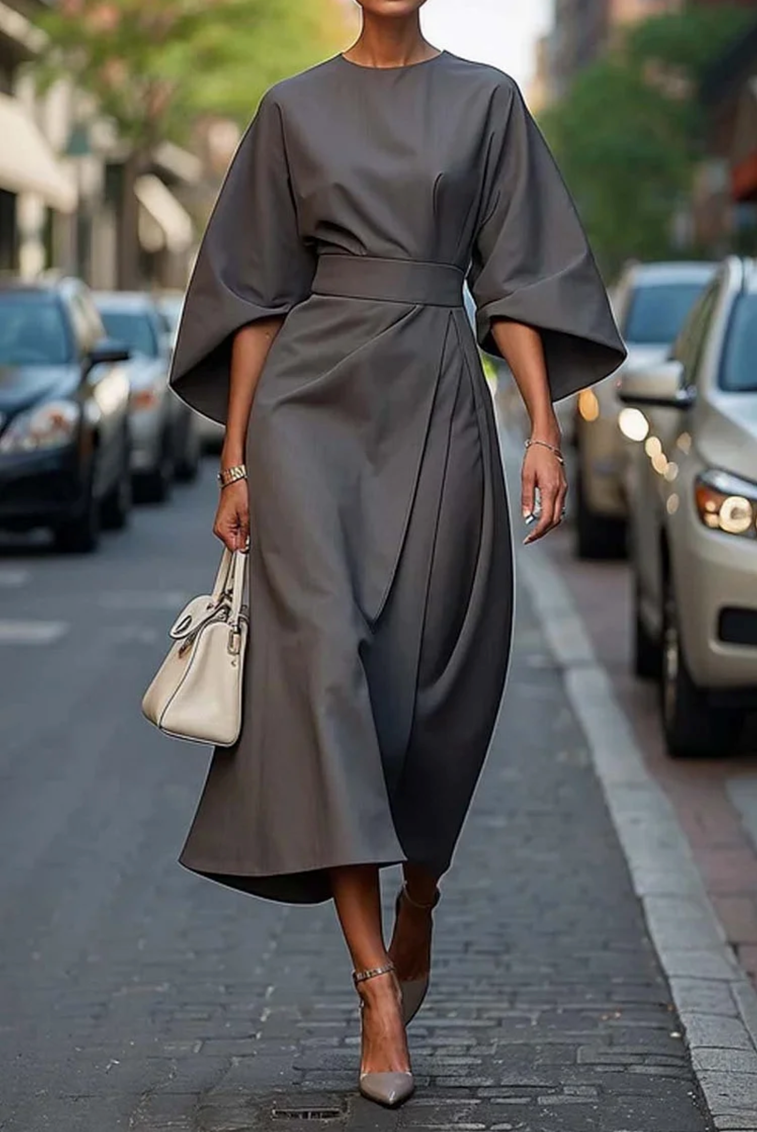 Diega - Vestido elegante con mangas de farol y cinturón