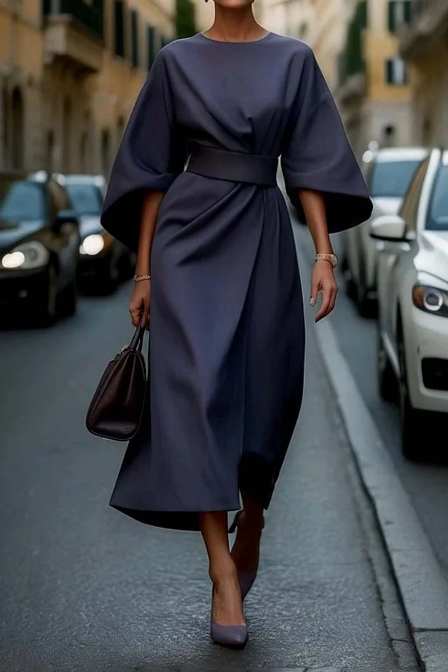 Diega - Vestido elegante con mangas de farol y cinturón