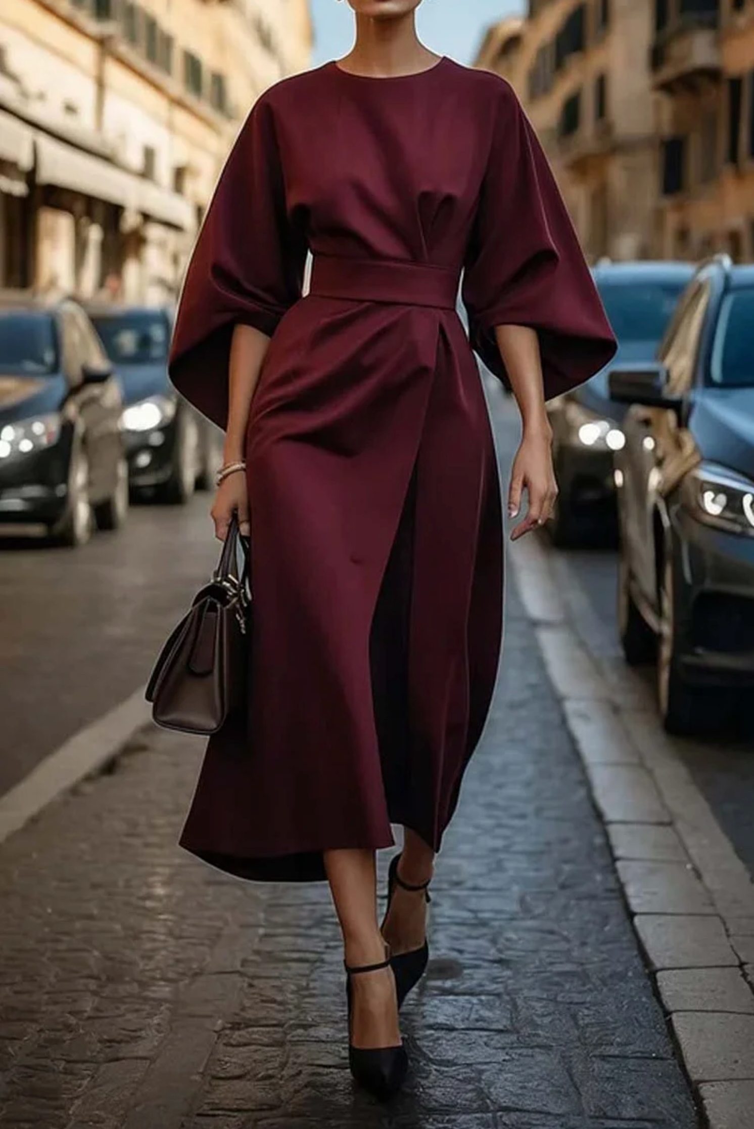 Diega - Vestido elegante con mangas de farol y cinturón