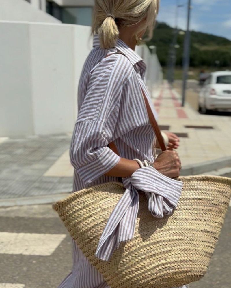 Yesenia - Vestido camisero con cordones a rayas clásicas