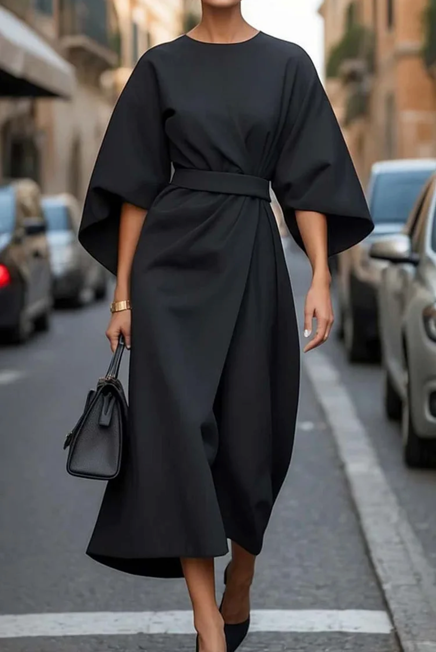Diega - Vestido elegante con mangas de farol y cinturón